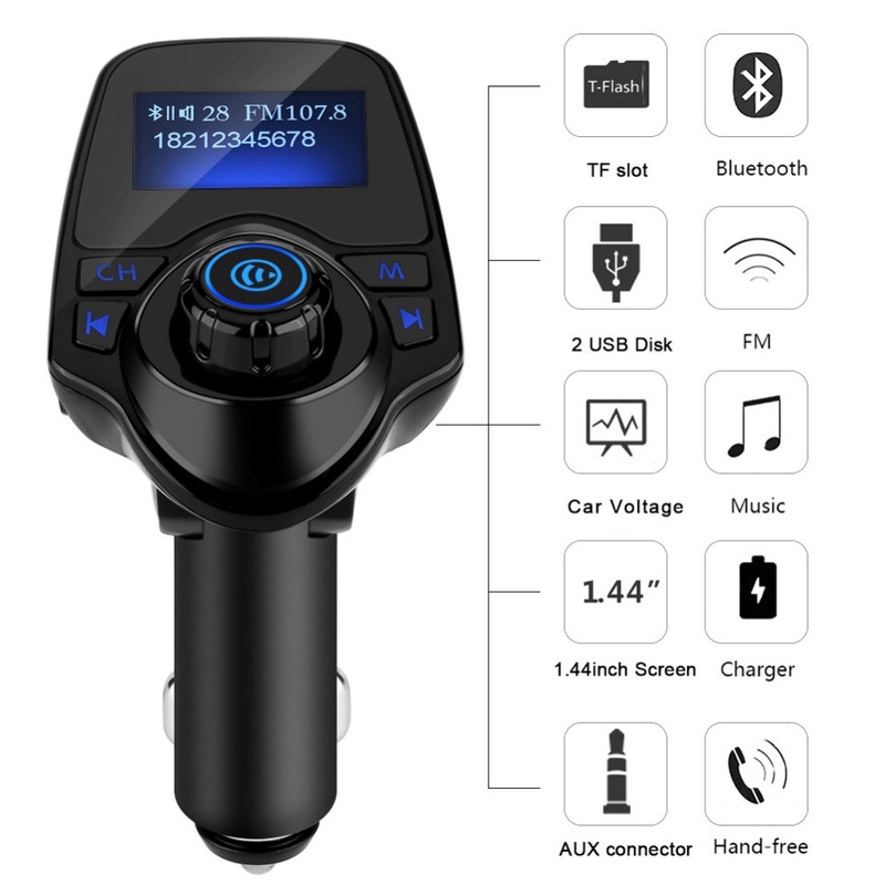 Tẩu sạc xe hơi 2 cổng USB màn hình LCD không dây T11 kết nối Bluetooth hỗ trợ MP3 FM/MIC