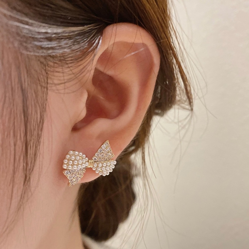 Bông Tai Hình Nơ Đính Ngọc Trai Xinh Xắn Dễ Phối Đồ