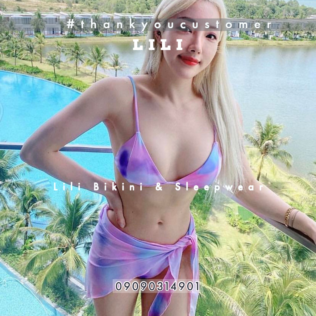 Bộ đồ bơi bikini ba mảnh kèm váy kín đáo màu loang cầu vồng siêu đẹp độc đáo thời trang Hàn Quốc