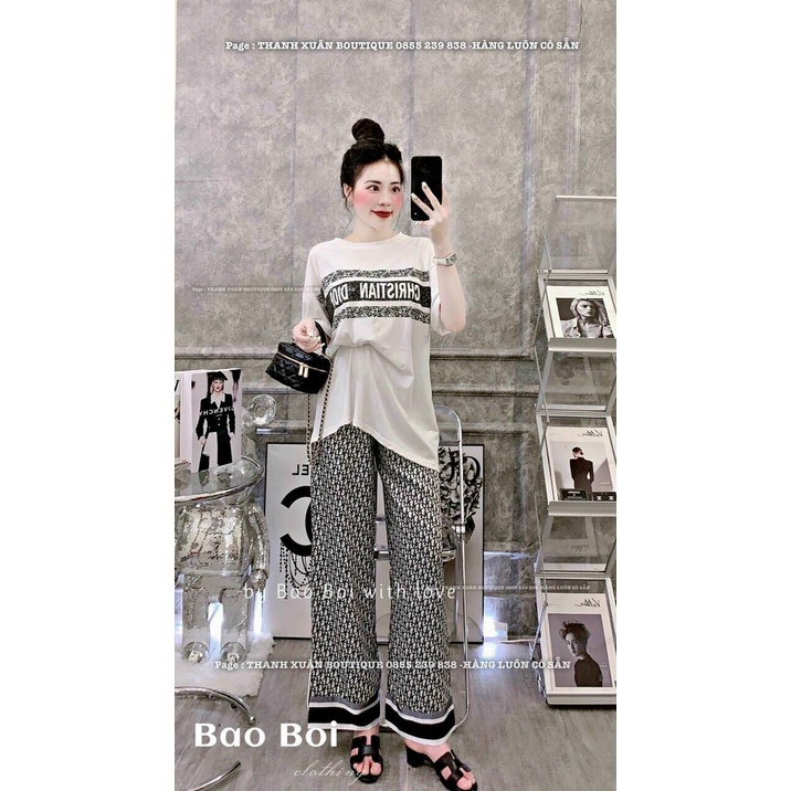 sét bộ cotton quần sọc họa tiết áo in chữ ngắn tay