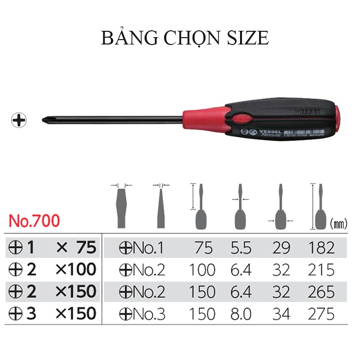 Tô vít mũi (+) cầm tay siêu êm No.700 Vessel (Nhật Bản)