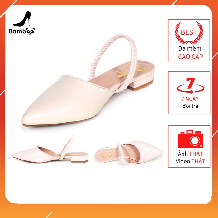 EL002 2cm Giày cao gót nữ công sở xuất khẩu đẹp gót vuông mũi nhọn phối dây mảnh da mềm màu hồng cao cấp