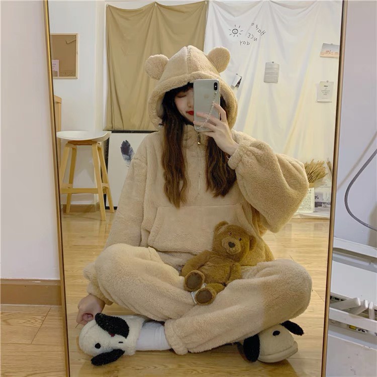Bộ Ngủ Lông Cừu Mũ Tai Gấu Màu Be Nâu Siêu Xinh, Bộ quần ao ngủ nữ mùa đông ấm áp dày dặn, áo lông nữ - THÔNGTHU | BigBuy360 - bigbuy360.vn