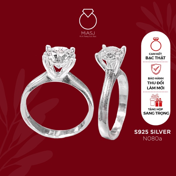 Nhẫn bạc Ý S925 nữ MiASJ 4 chấu kết đá vuông sang trọng N080/N080A/N080B