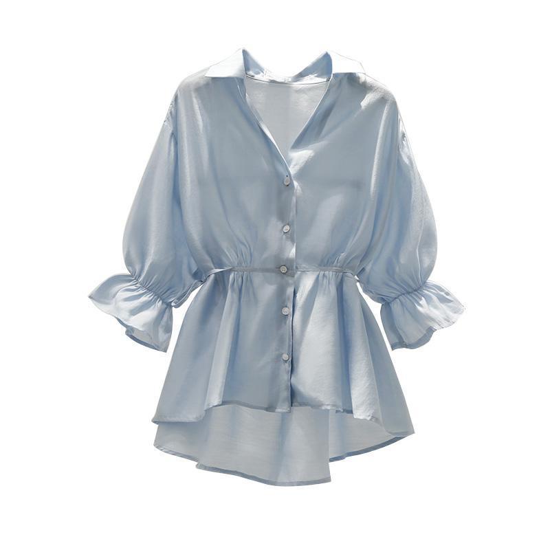 Áo Sơ Mi Chiffon Tay Ngắn Phong Cách Thời Trang Hàn Quốc 163241 Áo Sơ Mi Cardigan Cổ Chữ v Chiết Eo Phối Chân Váy Thời Trang Xinh Xắn