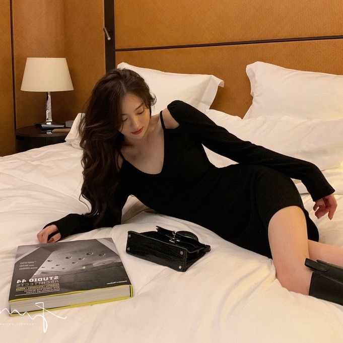 Đầm dự tiệc SUXI dài tay cổ chữ V dáng ôm phong cách Hàn Quốc thời trang mùa thu mới gợi cảm cho nữ