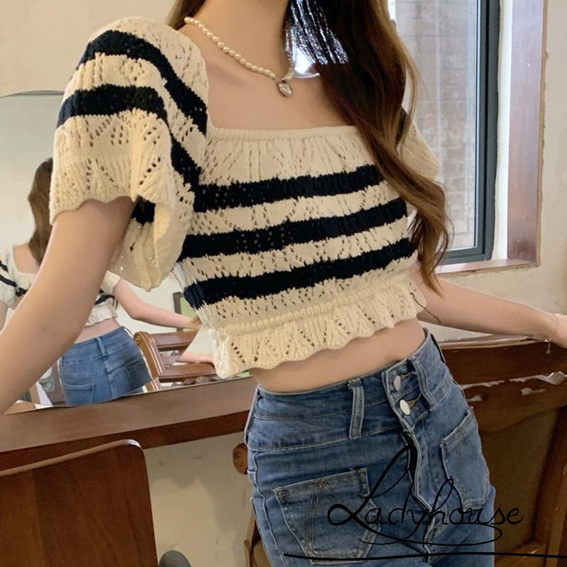 Áo Thun Dệt Kim Ngắn Tay Cổ Vuông Họa Tiết Kẻ Sọc Màu Đen Cho Nữ