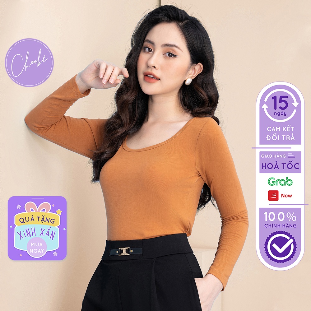 Áo phông nữ Choobe tay dài dáng ôm body vải thun cotton mềm mỏng trơn cổ tròn rộng co giãn tốt A40