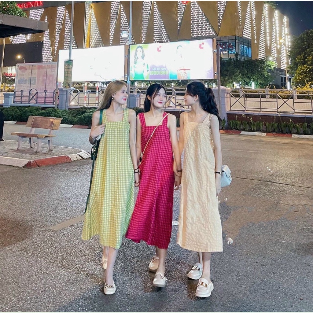 Váy , đầm babydoll suông kẻ caro hai dây bản to nữ , dáng dài đi biển , đi chơi chất vải thô sang trọng