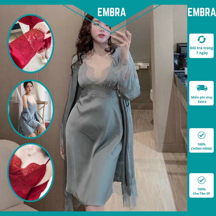 Váy ngủ sexy gợi cảm kèm choàng chất liệu lụa cao cấp dài tay hoạ tiết ren hoa mã EBV02