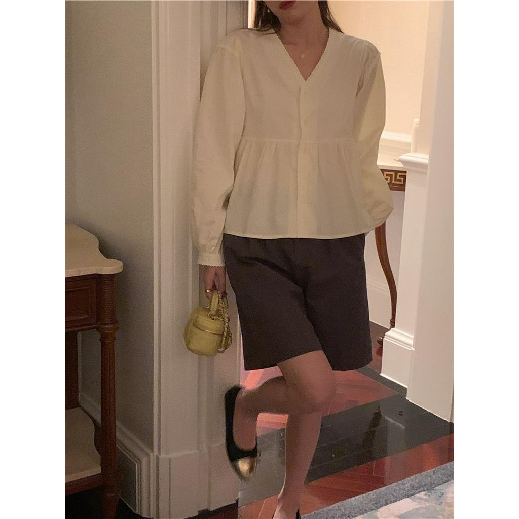 Áo Sơ Mi Dài Tay Rộng Cổ Chữ V Khâu Ren 60921