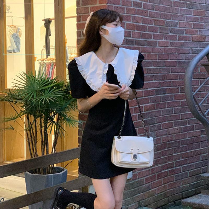 Đầm ngắn cổ búp bê tay phồng màu đen thời trang mùa hè dành cho nữ