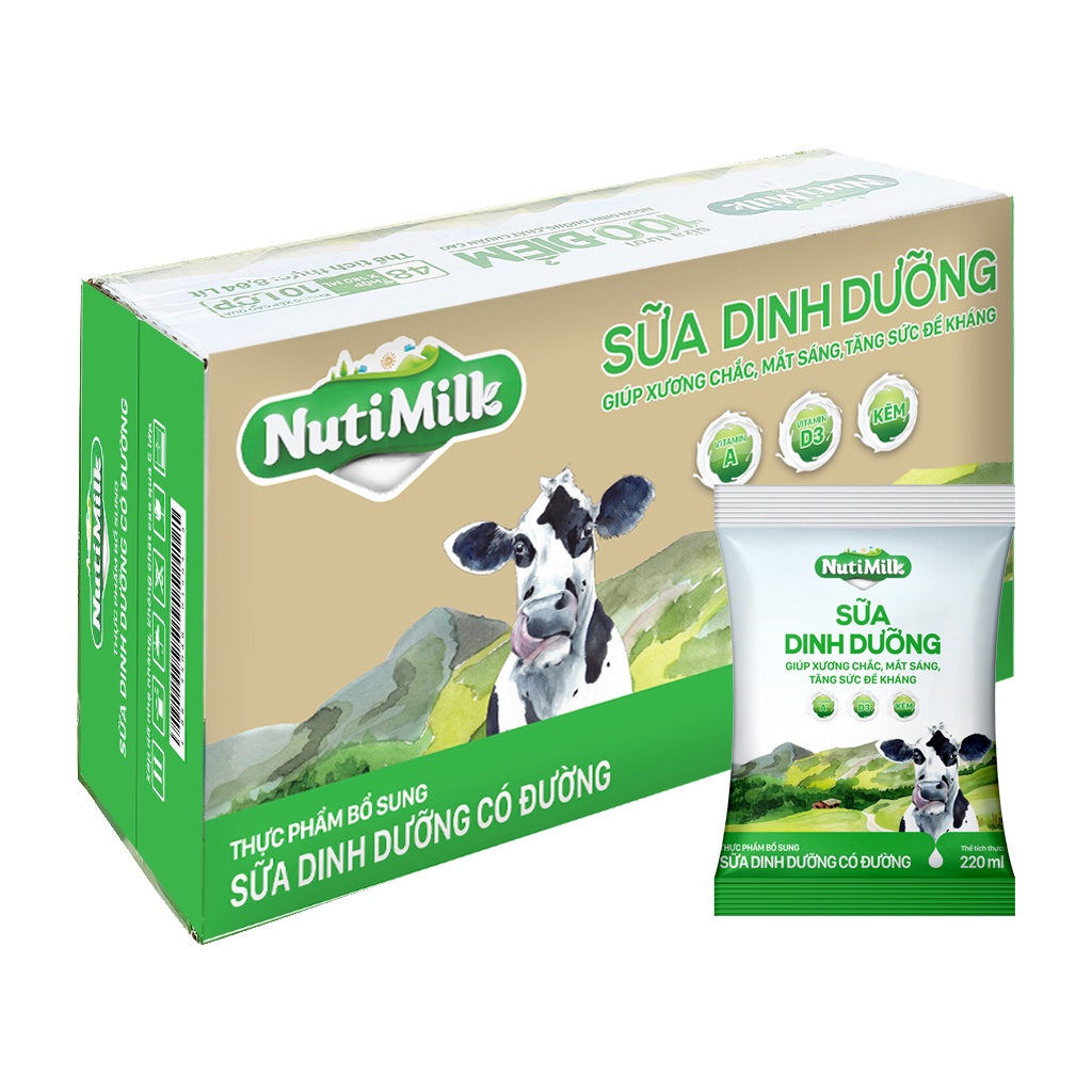 (date 5/2022) Thùng 48 bịch sữa dinh dưỡng có đường Nutimilk 220ml