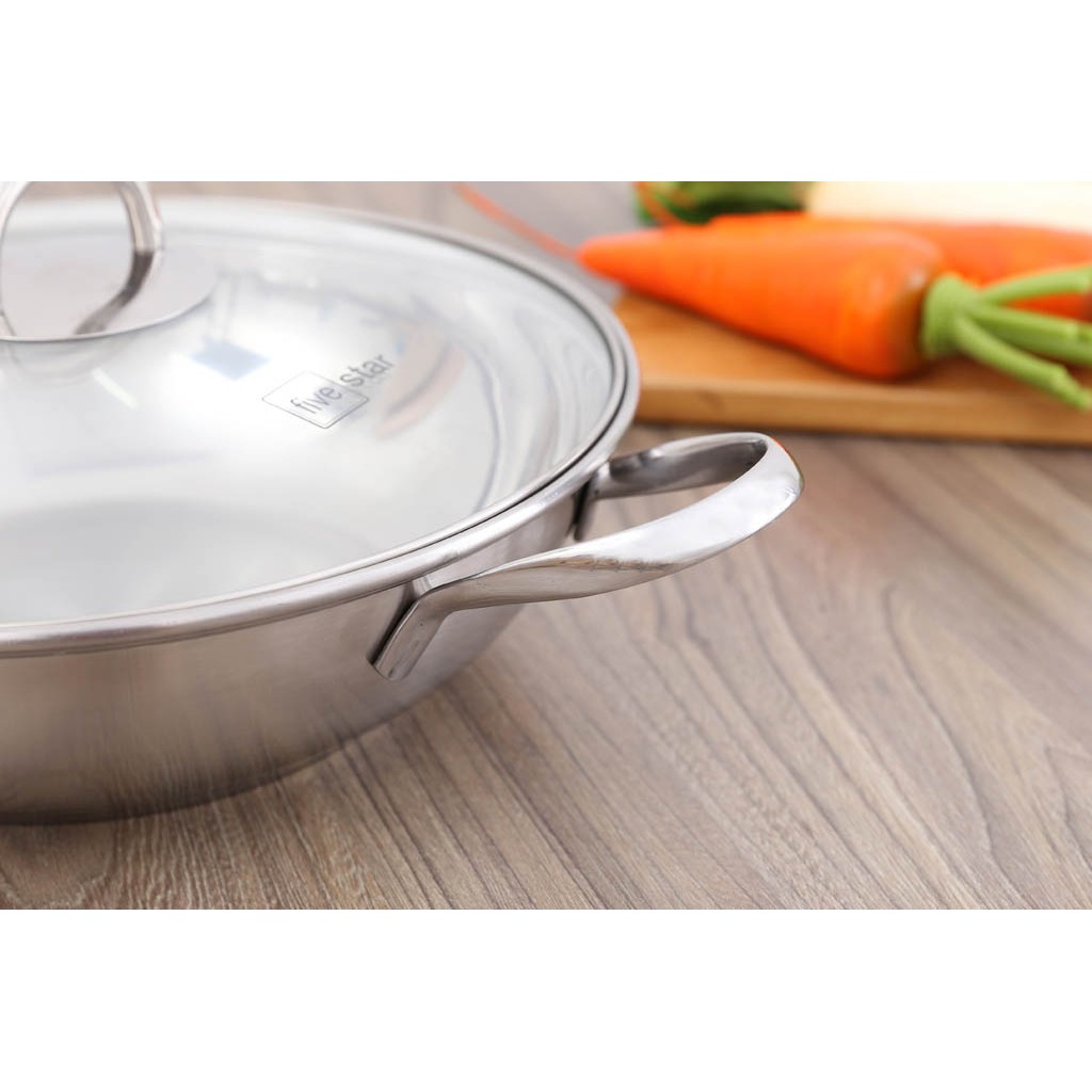 Chảo lẩu xào inox Fivestar 3 đáy bếp từ nắp kính 26cm, hàng chính hãng, bảo hành 60 tháng