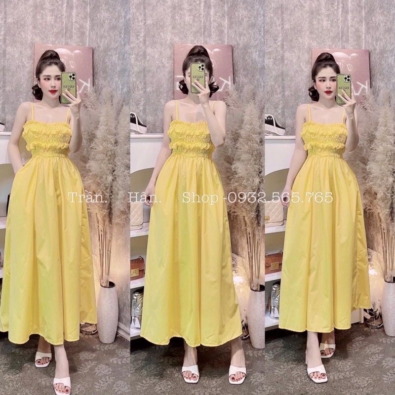 Đầm maxi 2 dây nhún ngực cột dây nơ lưng đi chơi đi hẹn hò đi biển Ulzzang hình thật và video