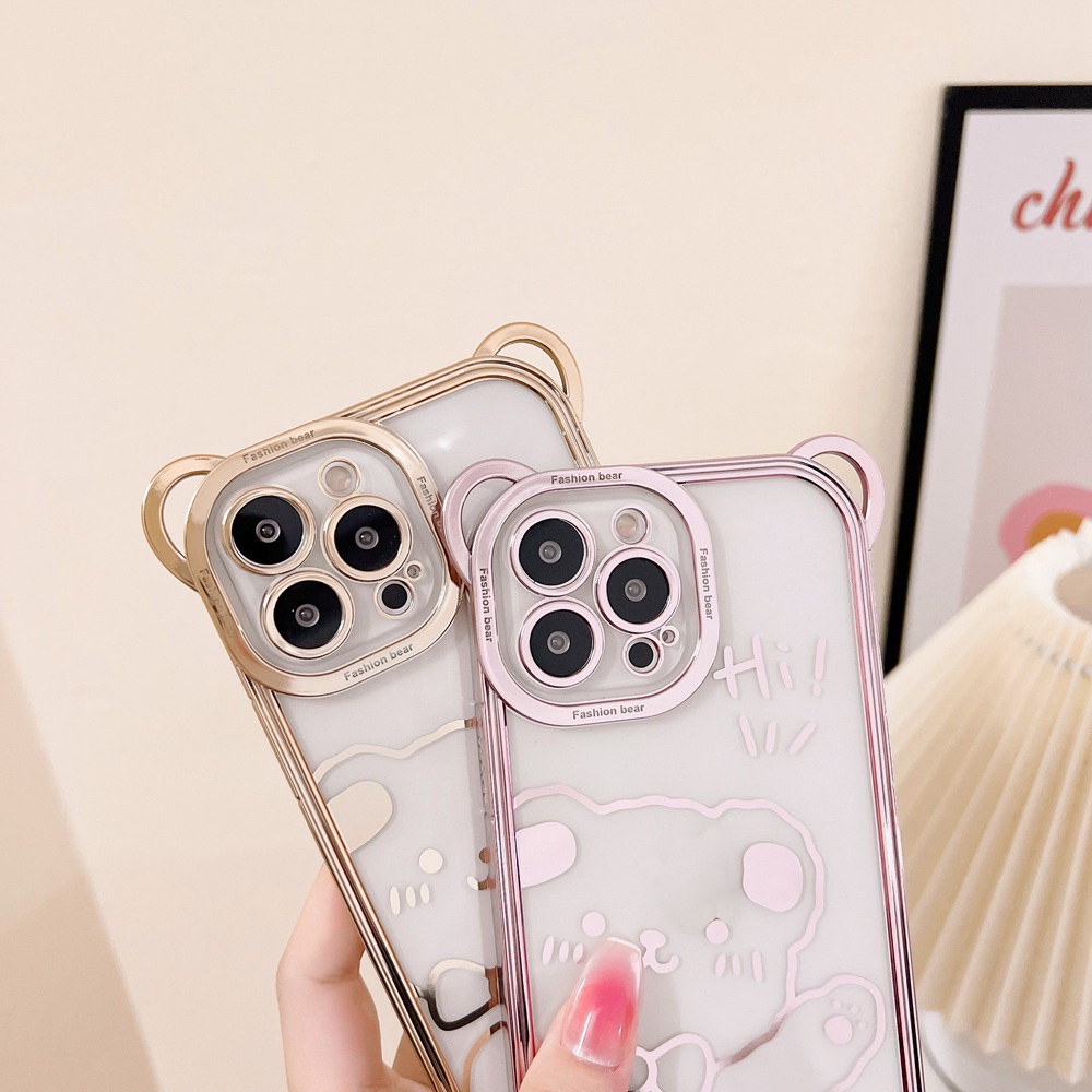 Ốp Điện Thoại Mềm Trong Suốt Viền Mạ Màu In Hình Gấu Dễ Thương Cho iPhone 13 11 12 Pro Max X XS Max 7 8 Plus