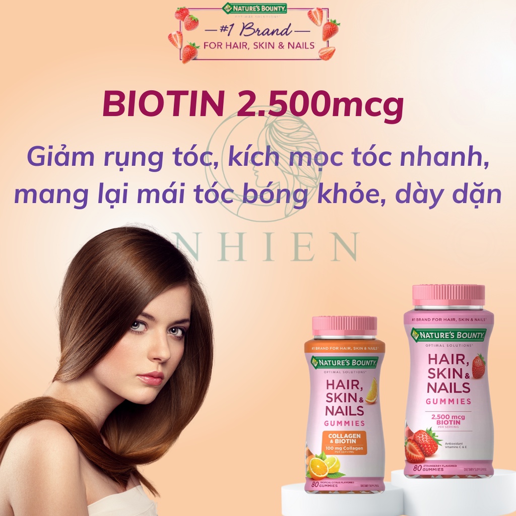 Kẹo dẻo đẹp da móng tóc bổ sung collagen và biotin Hair, Skin & Nails Gummies Nature Bounty