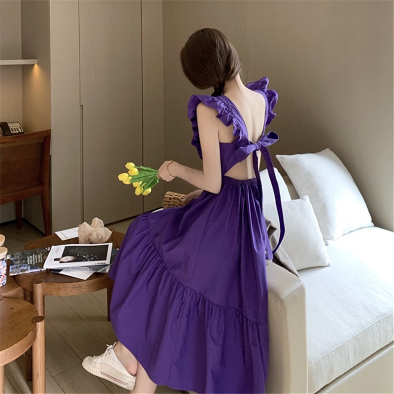 Váy_đầm 2 dây may bèo bản to dáng xòe thắt nơ lưng phong cách tiểu thư vintage mặc được 2 kiểu (ảnh thật cuối)