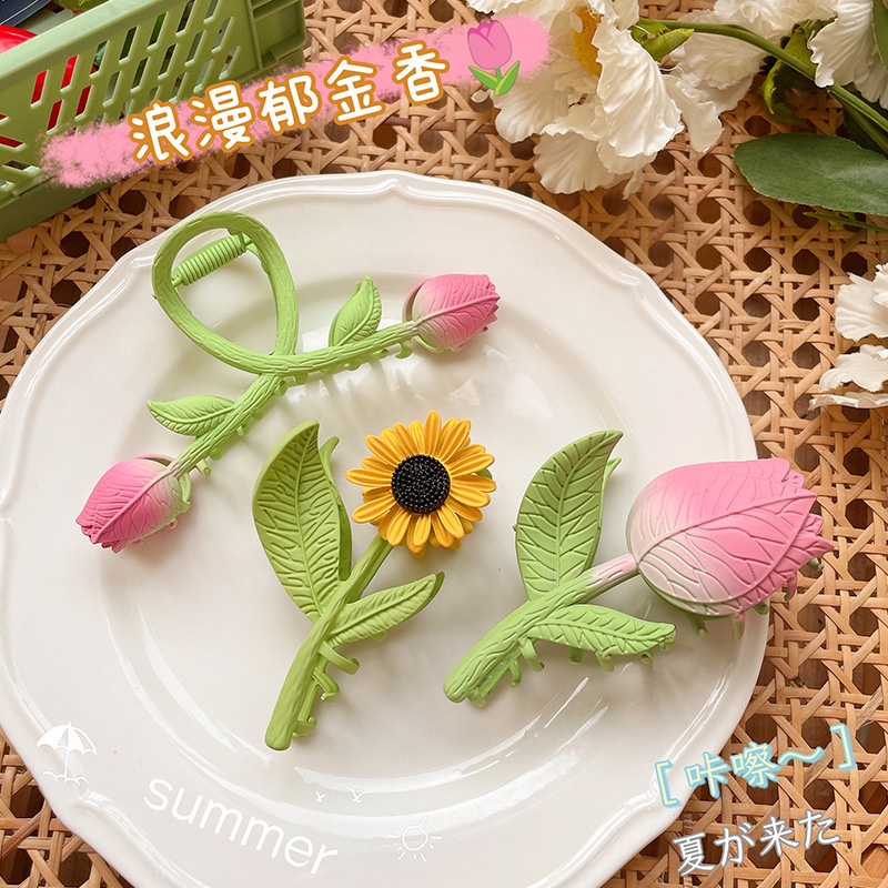 Kẹp Tóc Càng Cua Kim Loại Hình Hoa Tulip Hướng Dương Siêu Xinh Dễ Thương Mainia Shop