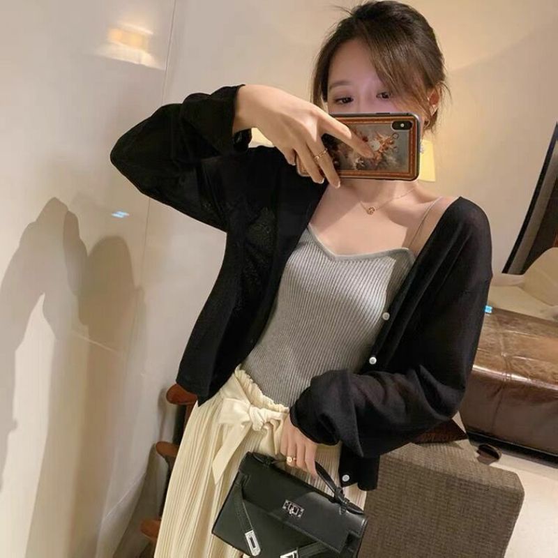 [Mã FAMARAL2 giảm 10K đơn 50K] Áo Khoác Cardigan Mỏng Thun Len Tay Dài Ulzzang Cute