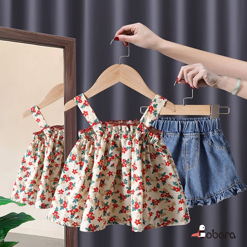 Bobora Set Áo Hai Dây Họa Tiết Hoa Và Quần Dài Phong Cách Hàn Quốc Cho Bé Gái