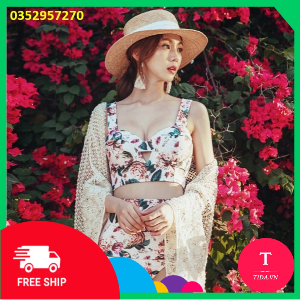 🩱[VIDEO-ẢNH THẬT HÀNG QUẢNG CHÂU] 🩱SÉT BIKINIHOA-ĐỒ BƠI HOA-2 DÂY BẢN TO-QUẦN CẠP CAO CHE MỠ BỤNG THUN LẠNH