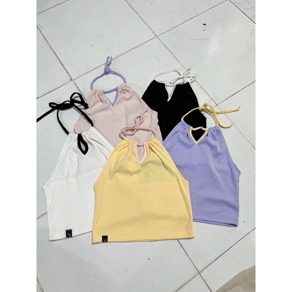 Áo croptop cổ yếm thắt nơ kiểu MIDI chất gân tăm phối màu cực xinh
