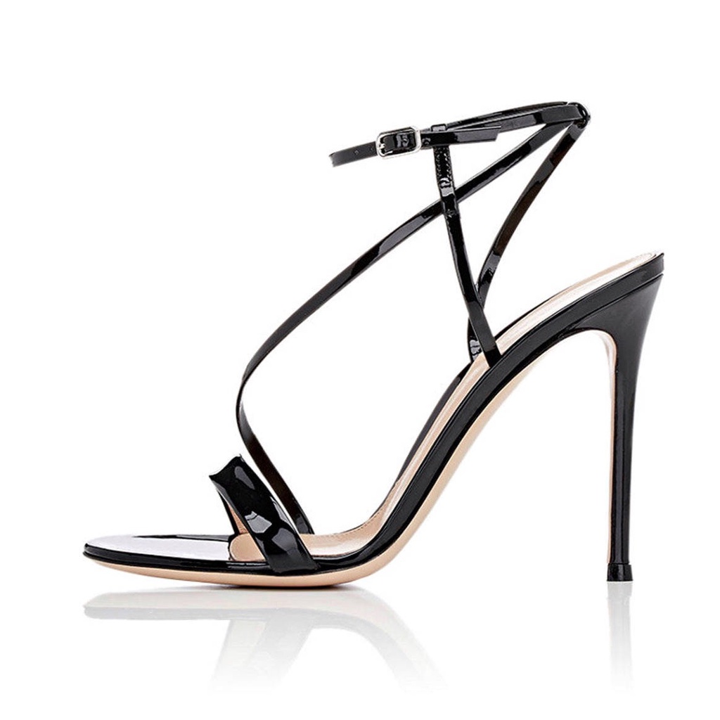 Giày Cao Gót Sandal Màu Đen Chéo Dây Da Bóng Hở Gót Dây Mảnh Tôn Dáng Êm Chân Cho Nữ Dự Tiệc Sang Trọng Cao 8-10-11 Phân