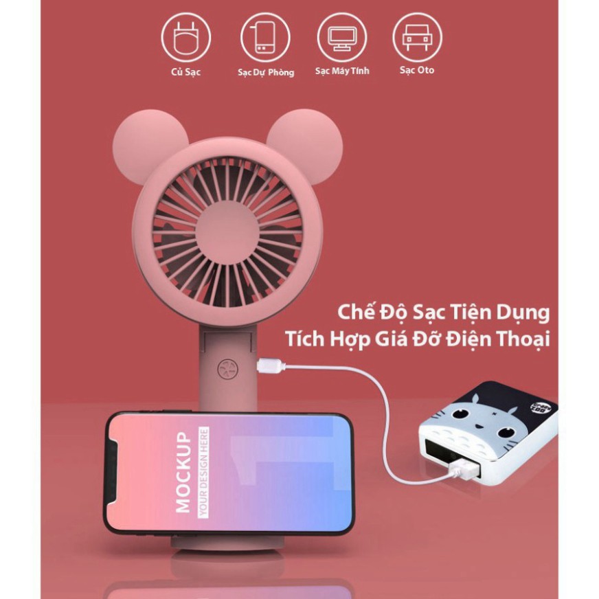 Quạt cầm tay IMEBOBO quạt cầm tay tích điện mini 3 tốc độ tặng kèm 4 cặp nơ trang trí siêu cute