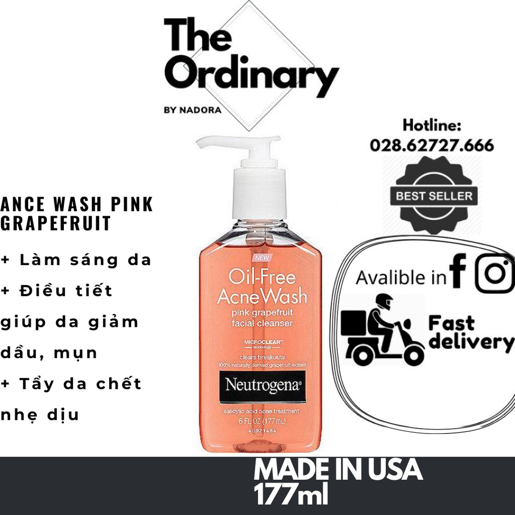 Sữa Rửa Mặt Neutrogena Oil Free Acne Wash Pink Grapefruit Facial Cleanser (177ml)