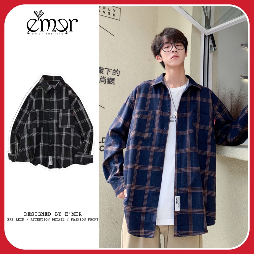 ☼✣✓Áo Sơ Mi Nam Nữ Dài Tay Form Rộng Kẻ Sọc Caro Cổ Bẻ Unisex Oversize E'mer Phong Cách Hàn Quốc