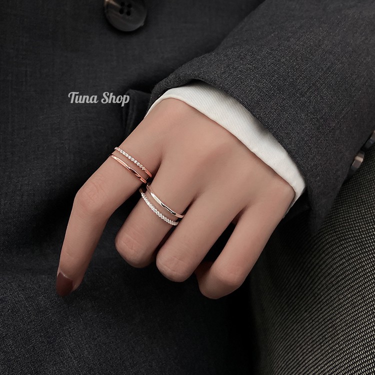 Nhẫn Bạc gắn đá 2 tầng, Nhẫn bạc nữ xinh cao cấp TUNA SILVER Trang sức Bạc