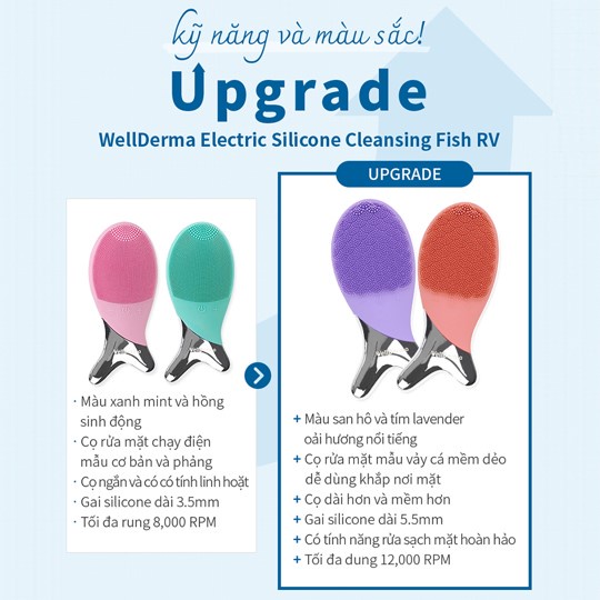 Máy rửa mặt điện WELLDERMA silicon đuôi cá dạng rung mát-xa nhẹ nâng cấp nhiều chức năng và màu sắc