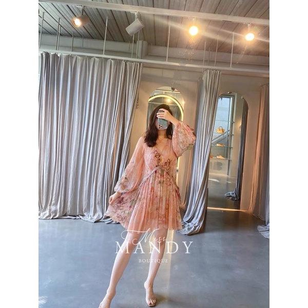 Đầm ngắn dáng xoè tay dài kèm váy hai dây hoạ tiết hoa thương hiệu Zimmermann cao cấp