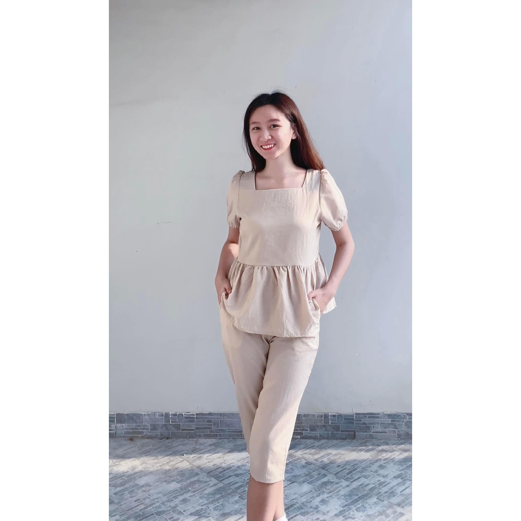 Set đũi nữ cổ vuông quần dáng lỡ mùa hè mặc nhà đi chơi sang chảnh