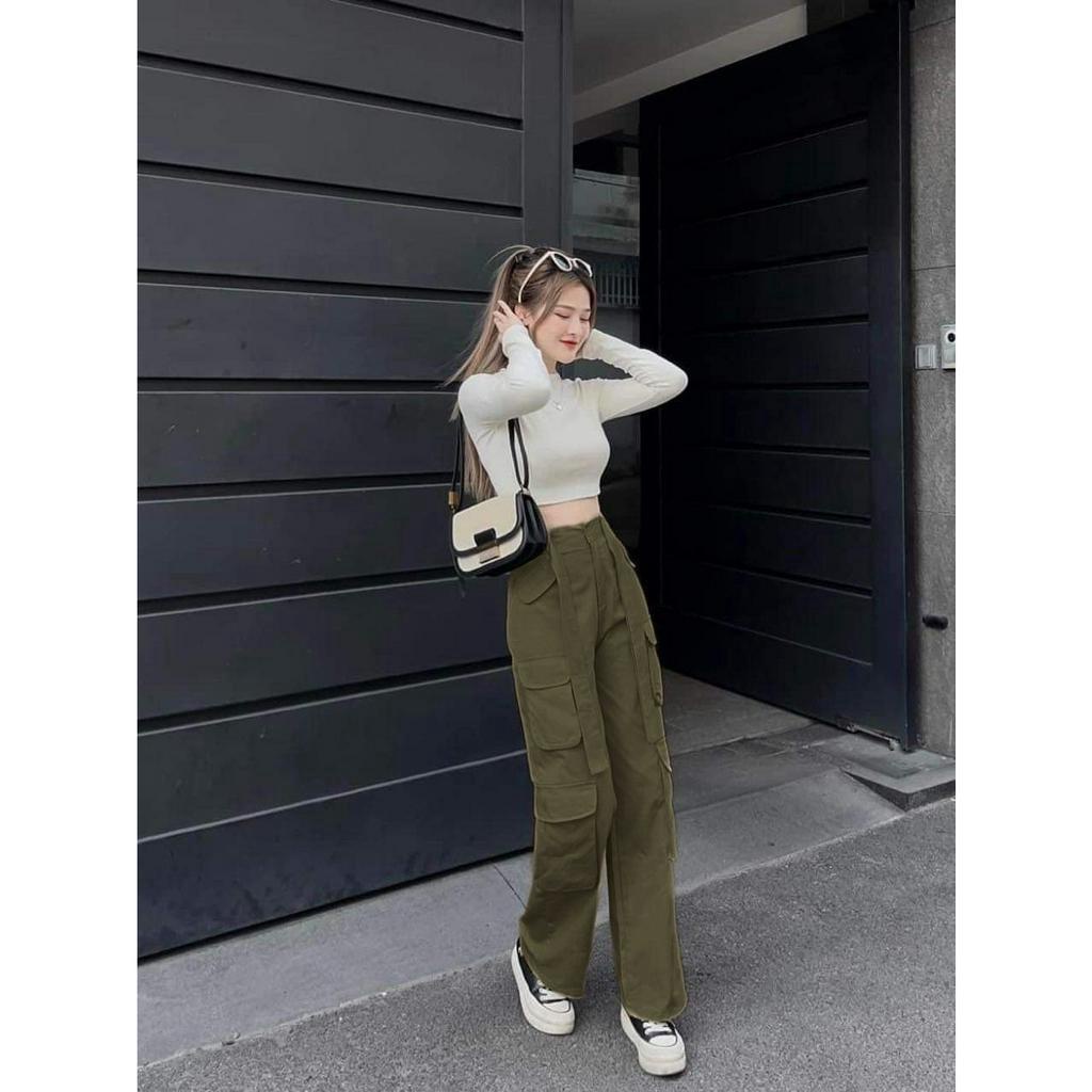 Set đồ nữ cá tính 2 món quần dài ống rộng lưng cao có khuy gài kèm áo croptop thun dài tay ôm body cực xinh