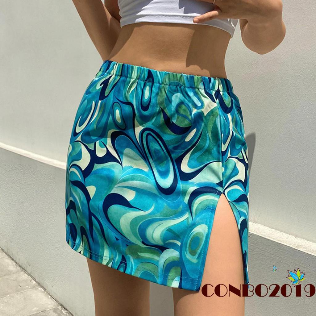 Chân Váy Xẻ Tà Lưng Cao In Họa Tiết Trừu Tượng Thời Trang Cho Nữ