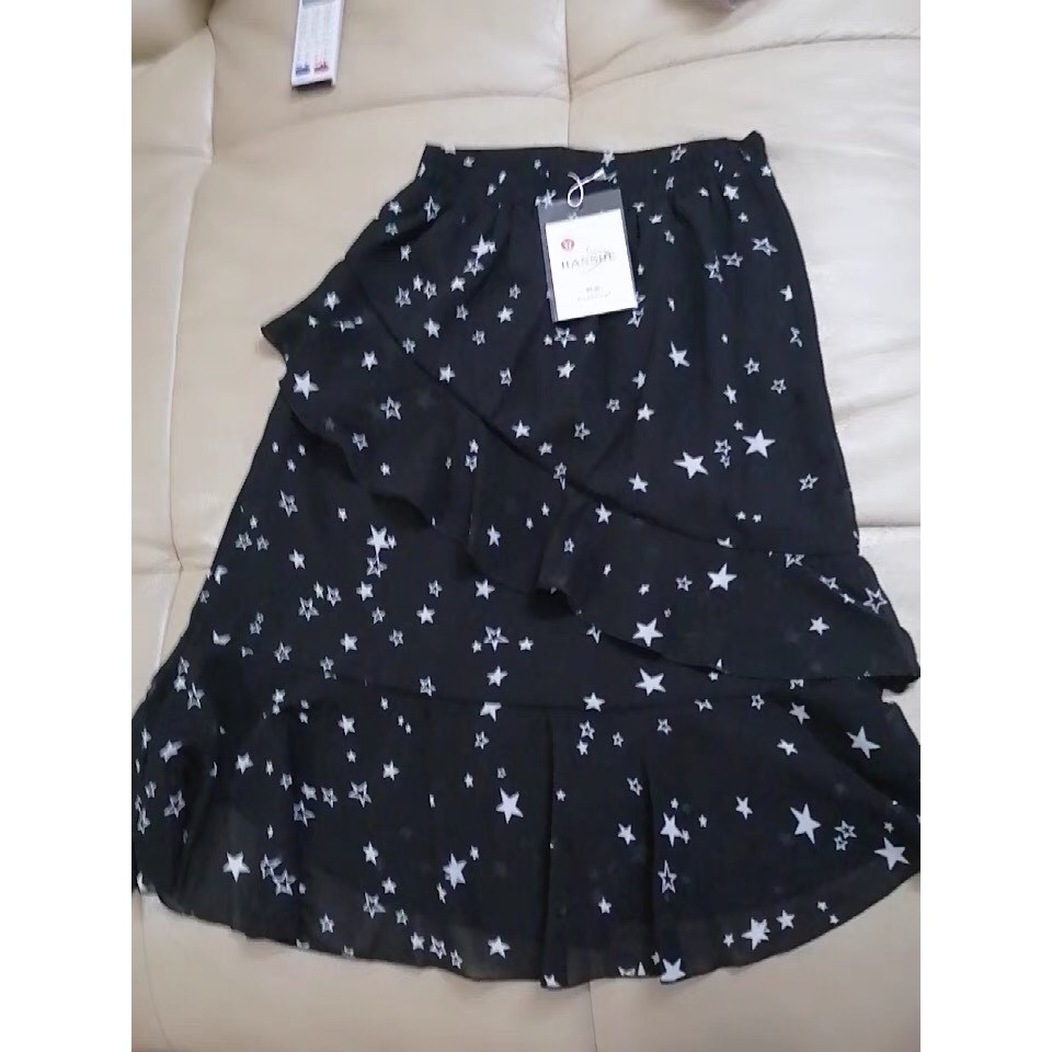 Chân váy đen voan midi dáng dài vạt chéo họa tiết sao Ulzzang