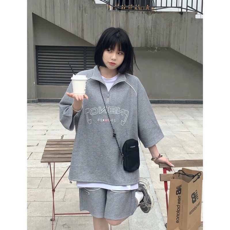 [NEW] Bộ Thun Polo Chữ NBNO Unisex Sét Áo Form Rộng Tay Lỡ Kèm Quần Short Đùi Mầu Xám Hàn Quốc(Hàng Sẵn)
