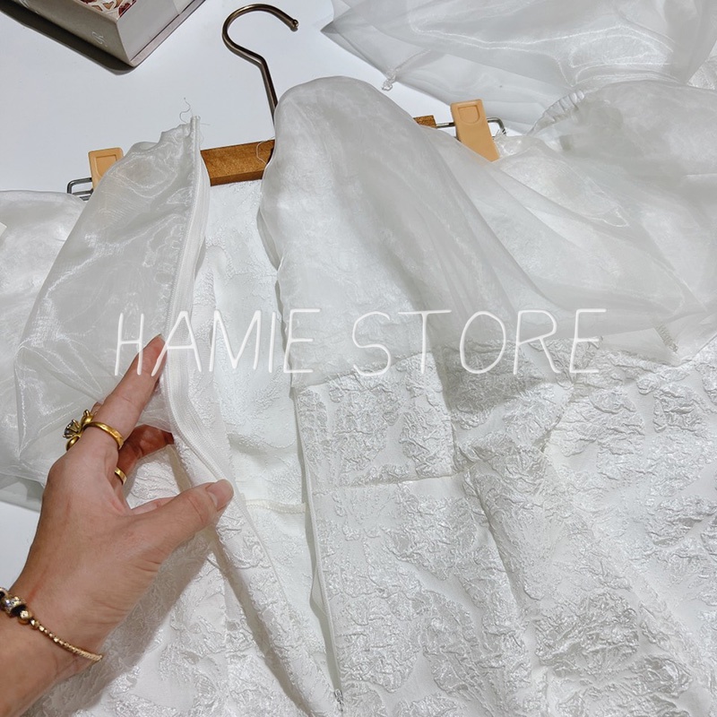 Đầm thiết kế dự tiệc trễ vai bánh bèo tiểu thư HNL407, váy xòe nữ chữ A dáng ngắn phối voan điệu đà