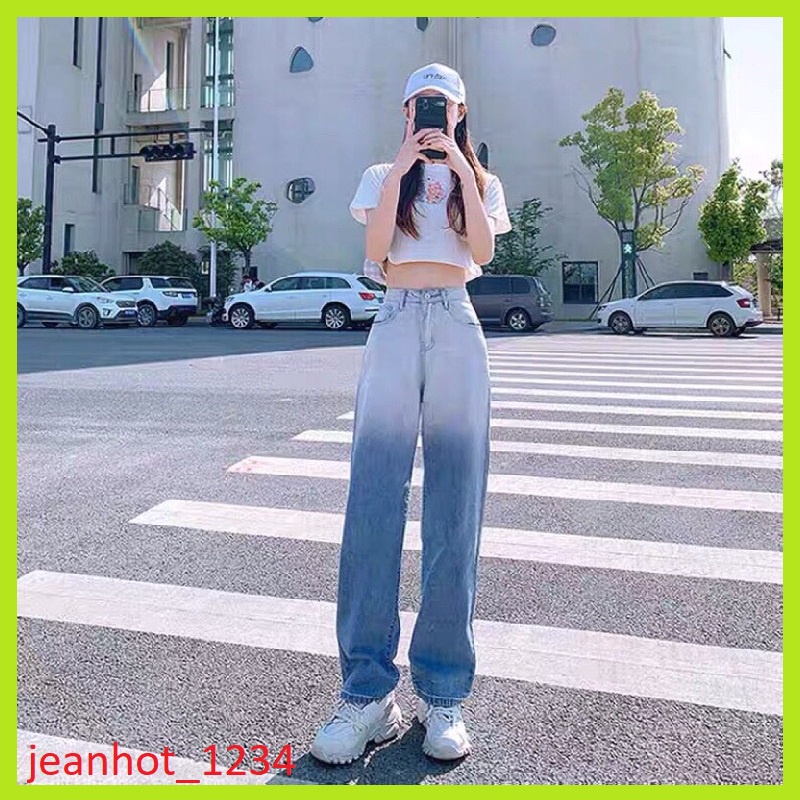 Quần jean bò ống rộng suông xuông nữ jeans cạp cao phong cách Hàn Quốc sành điệu