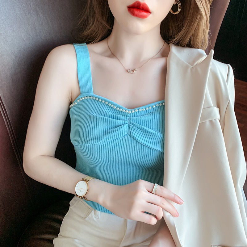 Áo hai dây ZHELIHANGFEI dệt kim ngắn đính hạt công nghiệp gợi cảm