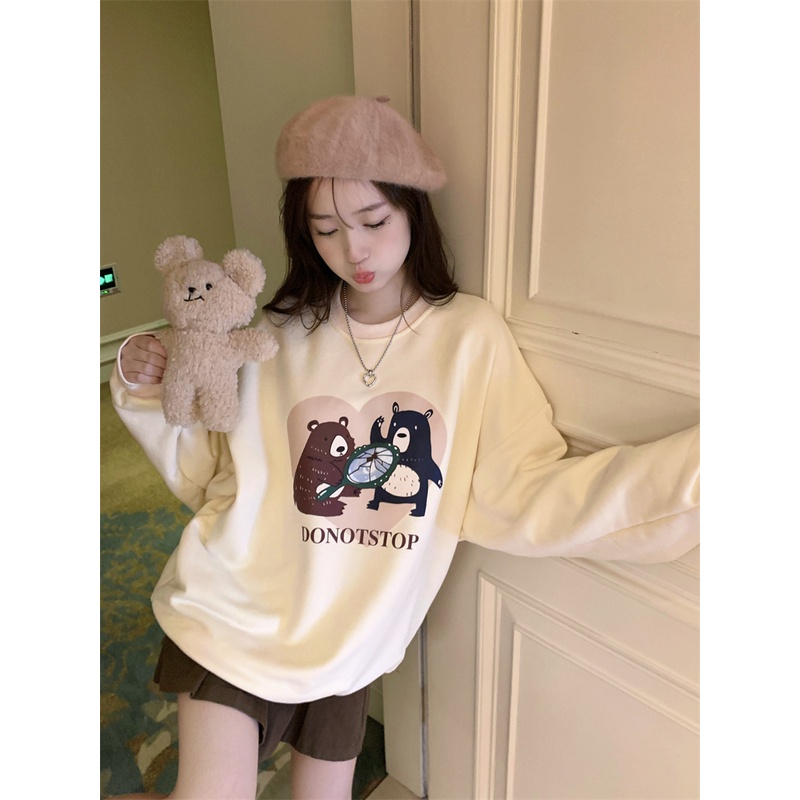 QOEDDV Áo sweater Cổ Tròn Tay Dài Dáng Rộng In Họa Tiết Dễ Thương Phong Cách Hàn Quốc Cho Nữ