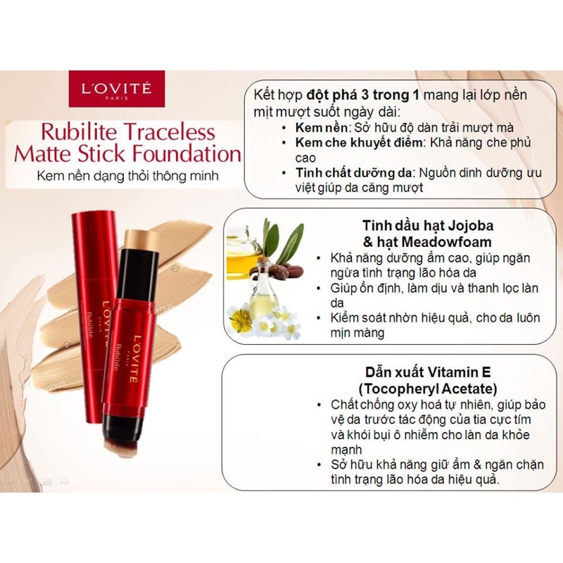 Kem nền L’ovite dạng thỏi - 3 trong 1 siêu che khuyết điểm Rubilite Traceless Matte Stick Foundation