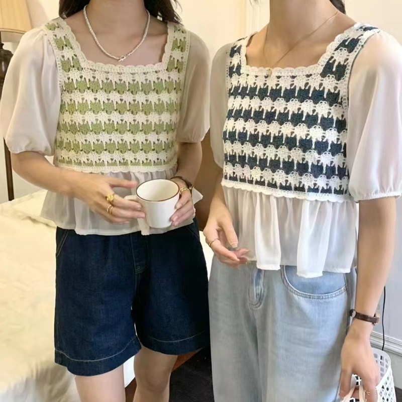 Brroa Áo Sơ Mi Chiffon Tay Lửng Thêu Họa Tiết Khối Màu Thời Trang Mùa Hè Cho Nữ