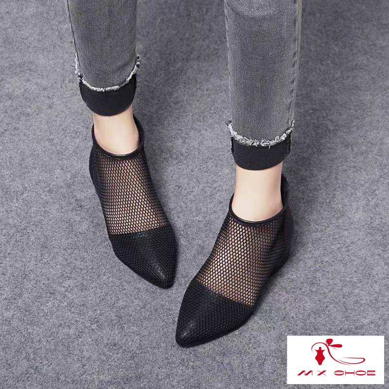 M & X ~  Giày Bốt Cao Gót Mũi Nhọn Gót Dày Bằng Da Mềm Phối Lưới Rỗng Thoáng Khí Thoải Mái Phong Cách Mới Cho Nữ