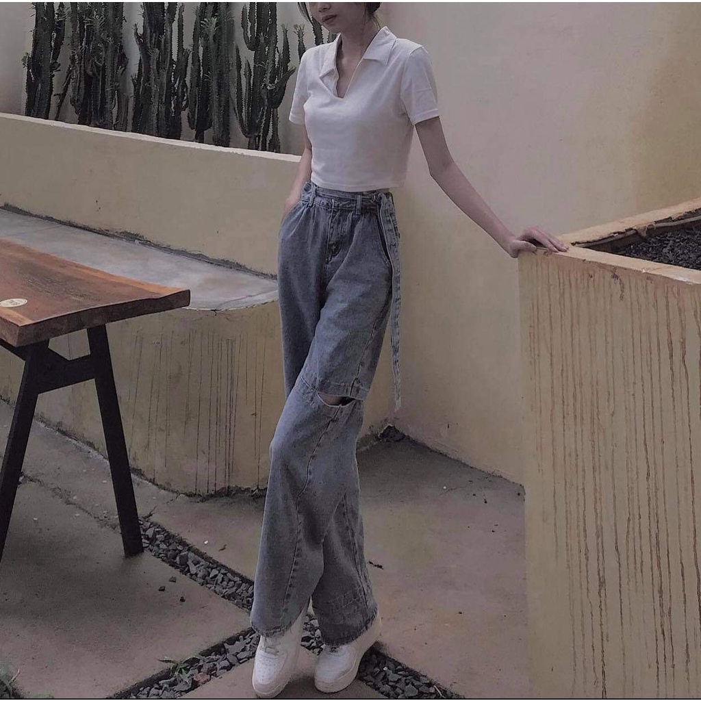 Quần jean nữ cạp cao ống rộng thiết kế rách tà dây eo ulzzang cá tính-YESNOW