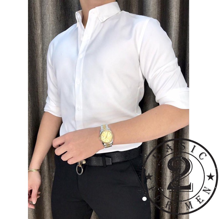 Áo sơ mi nam tay dài công sở Hàn Quốc dáng ôm, vải lụa không nhăn, thấm hút mồ hôi tốt , dễ mặc, basic