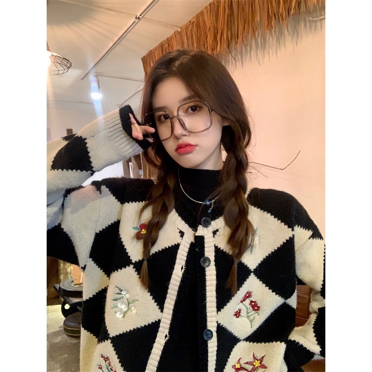 Áo khoác len LUHAZO cardigan nữ tay dài dáng rộng cổ tròn họa tiết kim cương thêu hoa phong cách Hàn Quốc G-12