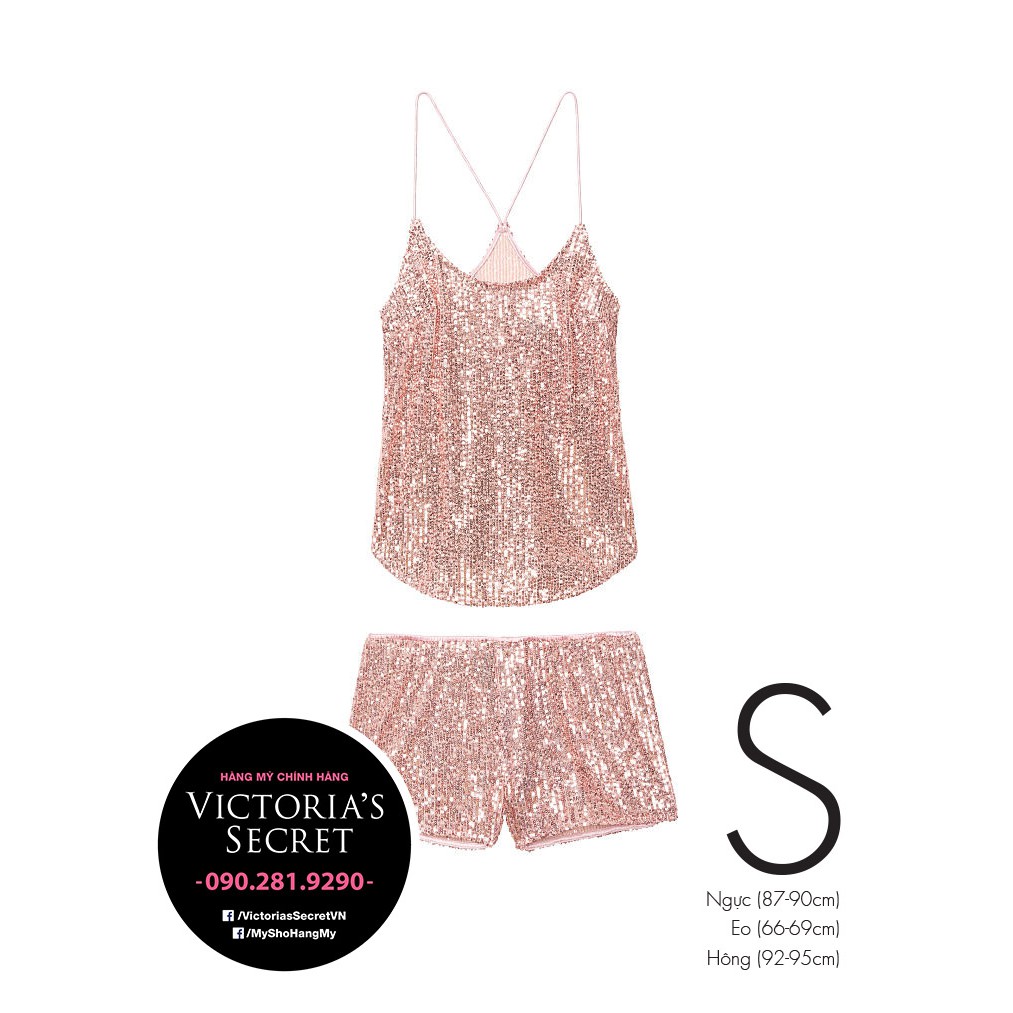 [Size S] - Bộ đồ ngủ Sequin 2 dây quần ngắn, màu hồng kết cườm sành điệu, Sequin Cami Set - Victoria's Secret USA